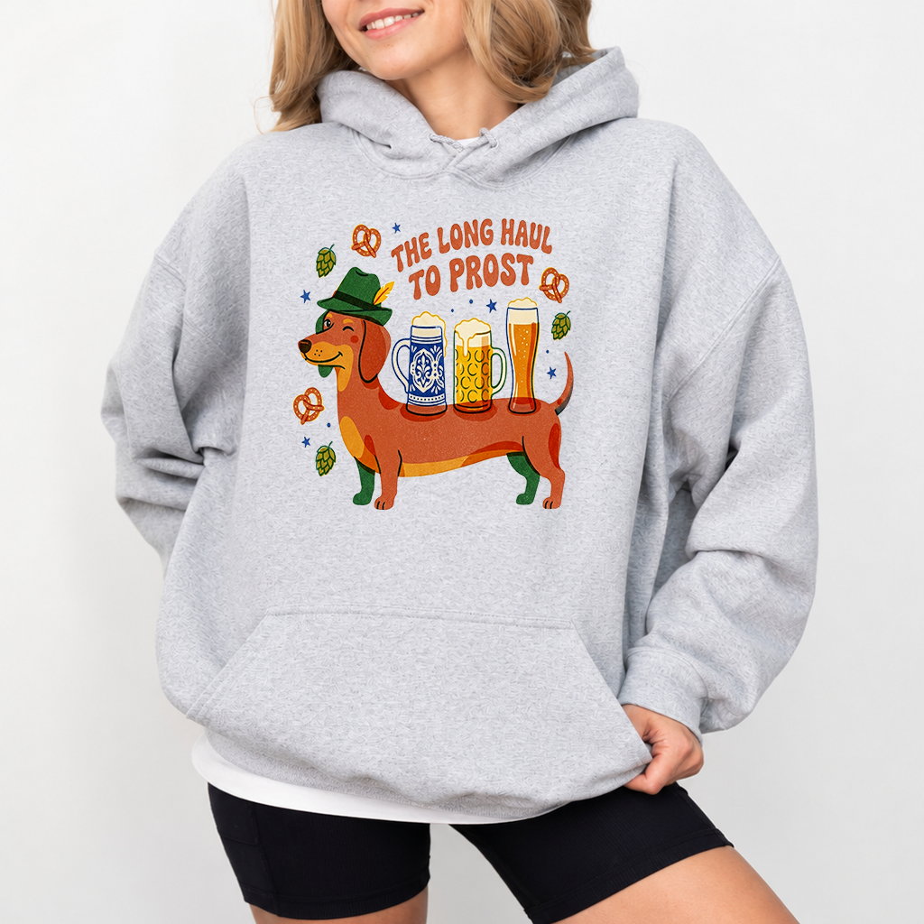 The Long Haul to Prost Dachshund Oktoberfest Hoodie| Funny German Festival Gift for Beer Lovers - back view