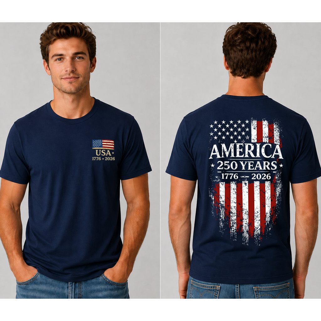 America 250 Years T-Shirt - 1776–2026 USA Flag Semiquincentennial Gift for 4th of July - detail view