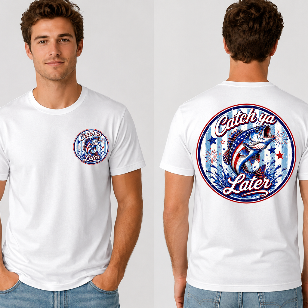 Catch Ya Later USA 4th of July Bass Fishing T-Shirt - Patriotic Fishing Gift for Him & Her - detail view