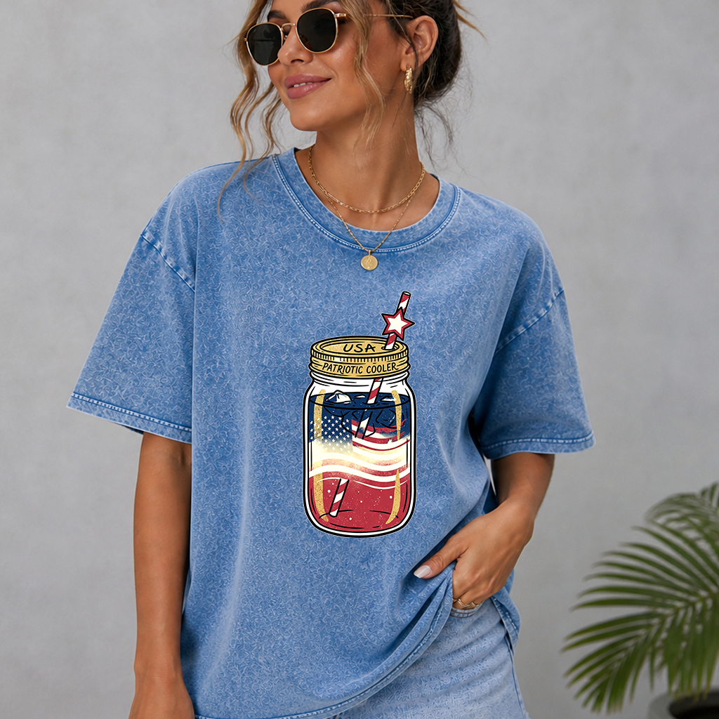 USA Patriotic Cooler Juice - 4th of July USA Flag Drinking Wash Tee - Ideal Independence Day Gift for men and women - detail view