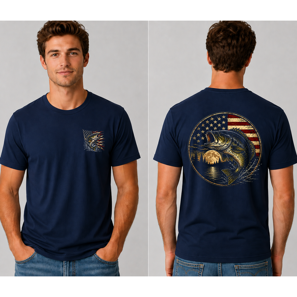 Patriotic Bass Fishing American Flag T-Shirt for Men - Fishing Father's Day Gift for Him - detail view