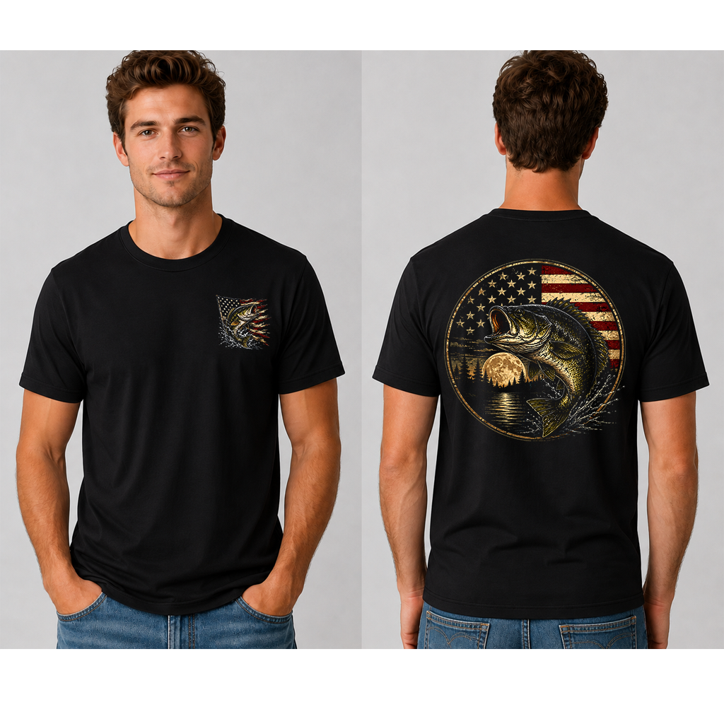 Patriotic Bass Fishing American Flag T-Shirt for Men - Fishing Father's Day Gift for Him - back view