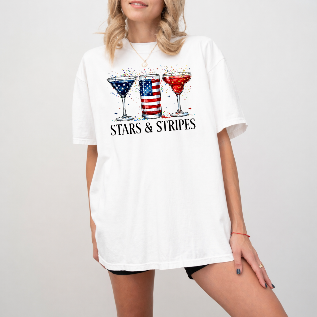 Comfort Colors Retro Stars & Stripes Cocktails Patriotic USA Flag Drinking Shirt - Funny Independence Day Gift for women - back view